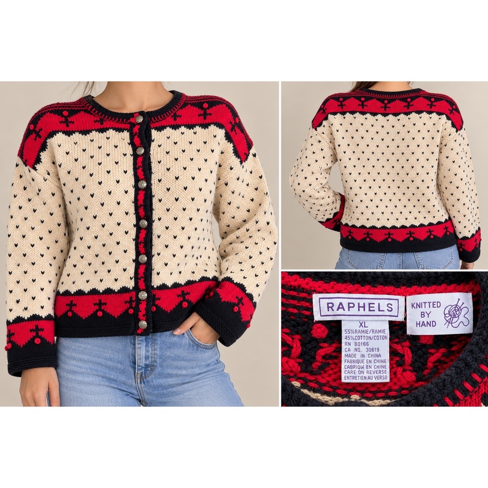 Vintage Raphels Hand Knit Cardigan Sweater Womens XL Black Red Cream Cottagecore